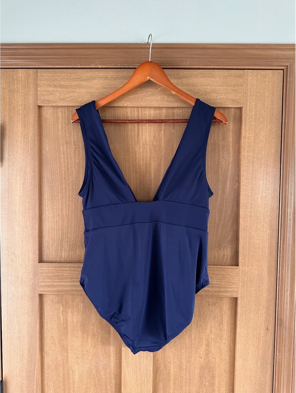 Andie Mykonos Deep Plunge Neck One Piece Swimsuit in Navy Women’s sz Large Tall